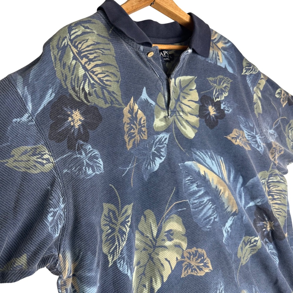 Vintage Chaps Ralph Lauren Mens Large Tropical Floral Ribbed Cotton Polo Shirt
